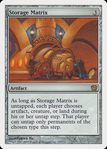 A "Magic: The Gathering" card titled "Storage Matrix [Ninth Edition]." This Ninth Edition artifact with a silver border has a casting cost of 3 colorless mana. Patrick Ho's illustration depicts a fantasy machine with gears in an ornate room. The card's text describes its in-game effects.