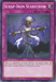 The image is of a Yu-Gi-Oh! trading card titled "Scrap-Iron Scarecrow [SDSE-EN035] Common" from the Synchron Extreme Structure Deck. It is a Normal Trap Card with a purple border. The artwork depicts a scarecrow made of scrap metal parts with glowing red eyes, nailed onto a wooden cross. The effect of the card is described in the text box below.

