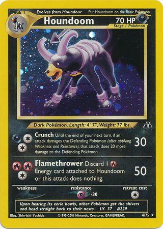 A Pokémon trading card featuring Houndoom (4/75) [Neo Discovery Unlimited], a dark-type Pokémon from the Neo Discovery Unlimited set. The Holo Rare card has 70 HP and includes the text "Evolves from Houndour." Houndoom is depicted as a dark, canine-like creature with curved horns, glowing eyes, and a spiked collar. The card details two attacks: Crunch and Flamethrower.