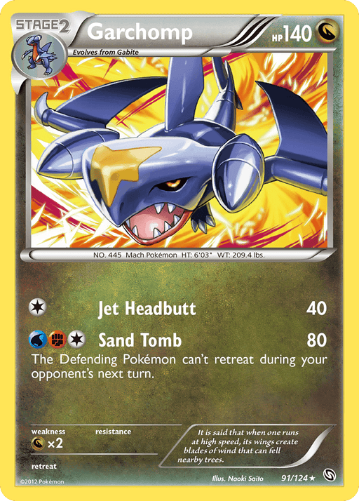 A Pokémon Garchomp (91/124) [Black & White: Dragons Exalted] card, a dragon and ground type from the Pokémon brand. Garchomp is depicted in an aggressive, mid-flight pose with sharp fins and claws. The card shows 140 HP and moves Jet Headbutt and Sand Tomb. It has a yellow outline with No. 445 and Mach Pokémon noted.