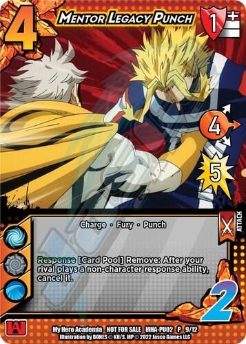A trading card titled "Mentor Legacy Punch [Crimson Rampage Promos]" from the UniVersus collectible card game. It features two characters, one in a yellow cape with white hair delivering a punch to a blonde character in blue armor. The card has a 4 difficulty, a 1 check, and various statistics and abilities described at the bottom.