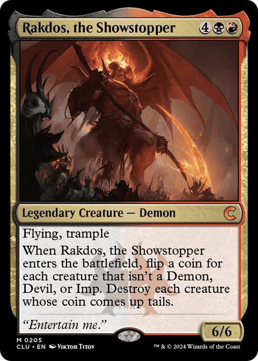 A Magic: The Gathering product titled "Rakdos, the Showstopper [Ravnica: Clue Edition]". This legendary creature is a demon with a mana cost of 4 colorless, 1 black, and 1 red. It has flying and trample abilities and a special ability triggered upon entering the battlefield. Power and toughness are 6/6. Art depicts a