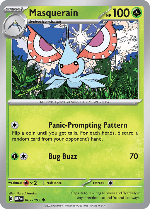 A Pokémon trading card for Masquerain (007/197) [Scarlet & Violet: Obsidian Flames], a Grass type from the Pokémon series. The card shows an illustration of the blue and white bug Pokémon with red markings, large eyes, and wing-like antennae. Its moves are Panic-Prompting Pattern and Bug Buzz with 100 HP. The background depicts a bright, cloudy sky and trees.