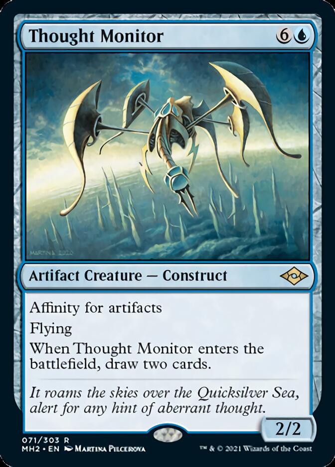 The image shows Thought Monitor [Modern Horizons 2], a Magic: The Gathering card. It depicts a mechanical bird-like construct flying against a hazy, ethereal sky with rocky formations. The Artifact Creature features abilities like affinity for artifacts, flying, and a card-drawing effect.