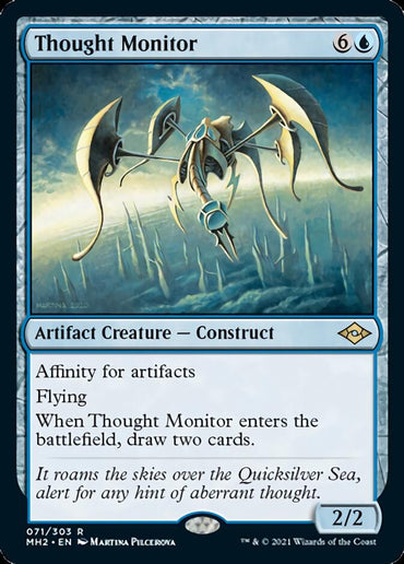 The image shows Thought Monitor [Modern Horizons 2], a Magic: The Gathering card. It depicts a mechanical bird-like construct flying against a hazy, ethereal sky with rocky formations. The Artifact Creature features abilities like affinity for artifacts, flying, and a card-drawing effect.