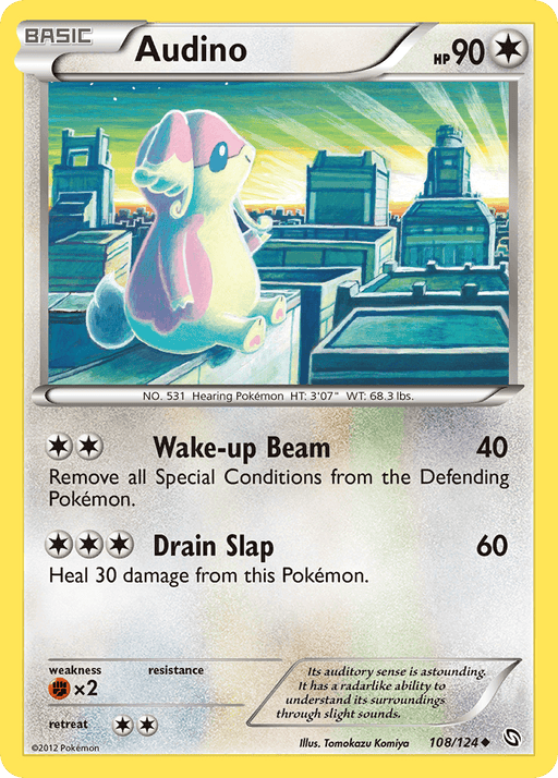 A Pokémon trading card for Audino (108/124) [Black & White: Dragons Exalted] from the Pokémon series. It shows an illustration of Audino, a pink and cream-colored Colorless Pokémon with oversized ears, standing on a rooftop at sunset. Audino has 90 HP and its moves are "Wake-up Beam" and "Drain Slap." Weakness is Fighting-type. Illustrations by Tomokazu Komiya.
