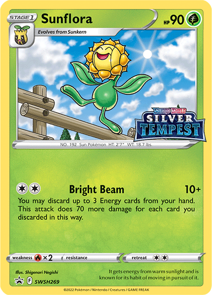 A Pokémon card depicting Sunflora, a bright yellow, sunflower-headed Grass Type with leafy limbs, set against a sunny outdoor backdrop with wooden posts and bells. It has 90 HP and two attack moves: "Bright Beam," which deals increased damage based on discarded cards, and the Silver Tempest logo from the Sword & Shield series. This specific card is the Pokémon Sunflora (SWSH269) (Prerelease) [Sword & Shield: Black Star Promos].