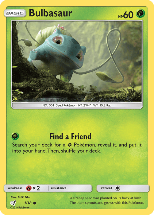 A Pokémon card featuring Bulbasaur (1/18) [Sun & Moon: Detective Pikachu], a green creature with a plant bulb on its back, in a lush forest setting inspired by Sun & Moon. It has 60 HP and is categorized as a "Seed Pokémon." The card includes the move "Find a Friend" and displays its weakness, no resistance, and retreat cost. Artwork by illus. MPC Film.
