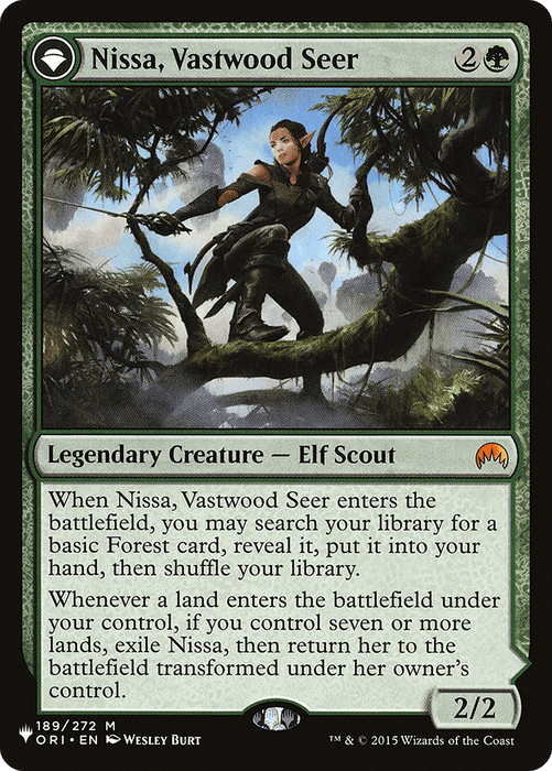 A Mythic Rarity Magic: The Gathering card, "Nissa, Vastwood Seer // Nissa, Sage Animist [Secret Lair: From Cute to Brute]," is a green card featuring an elf scout poised on a tree branch. It costs 2G and is number 189 of 272. With abilities to search for Forest cards and transform under certain conditions, its power/toughness is 2/2.