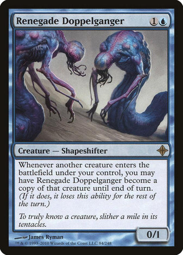 The Magic: The Gathering card "Renegade Doppelganger" from the Rise of the Eldrazi set shows two tentacled blue shapeshifters. It costs 1 generic and 1 blue mana, has 0 power and 1 toughness, and offers a unique ability that boosts gameplay intrigue.