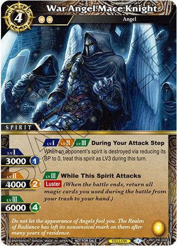 A card from the Bandai Battle Spirits Saga Promo Cards titled "War Angel Mace Knight (PR-008)" with the "Angel Spirit" classification. The card has stats listed as LV1 3000 BP, LV2 4000 BP, and LV3 6000 BP. It has abilities for attack steps and spirit attacks. The text and image background are detailed and colorful.