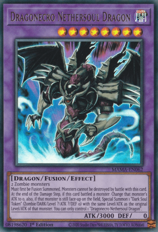 A trading card featuring Dragonecro Nethersoul Dragon [MAMA-EN062] Ultra Rare, a dark dragon with a skeletal appearance, claws, and a menacing face. The magnificent Ultra Rare card boasts violet and gold borders with an 8-star rating, type 