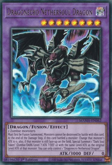 A trading card featuring Dragonecro Nethersoul Dragon [MAMA-EN062] Ultra Rare, a dark dragon with a skeletal appearance, claws, and a menacing face. The magnificent Ultra Rare card boasts violet and gold borders with an 8-star rating, type "DRAGON/FUSION/EFFECT," ATK of 3000, and DEF of 0. The text details its abilities and effects. This card is part of the Yu-Gi-Oh! collection.