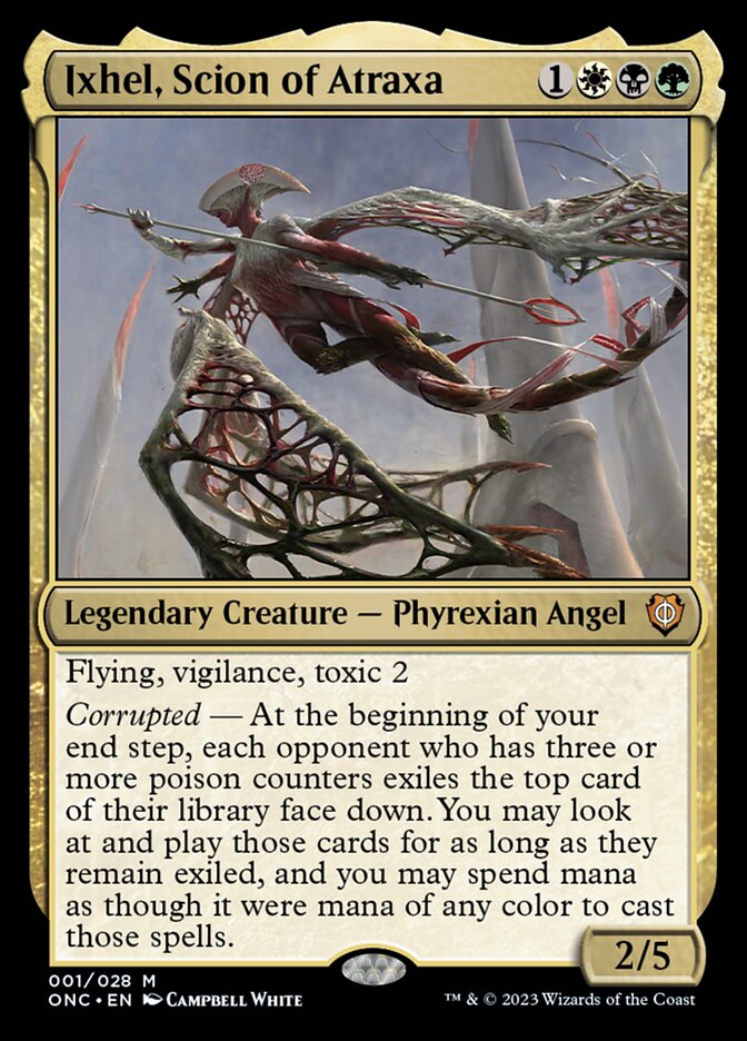 A fantasy artwork portrays a Legendary Phyrexian Angel creature named 