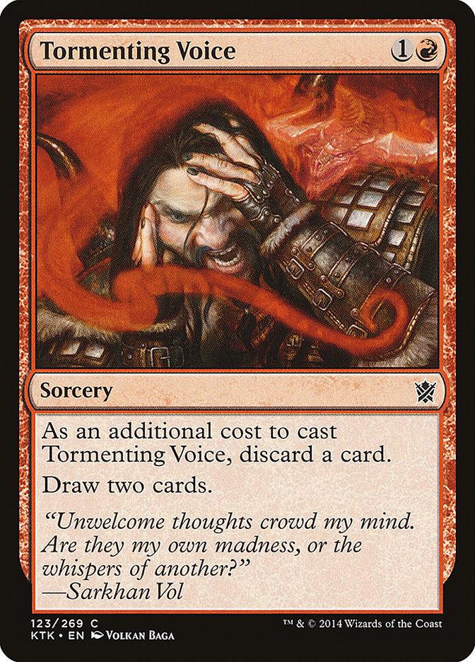 The Magic: The Gathering card "Tormenting Voice" from the Khans of Tarkir set, illustrated by Volkan Baga, depicts a distressed man clutching his head amid swirling red energy. This sorcery card requires one red mana and one colorless mana to cast and allows players to draw two cards by discarding one.