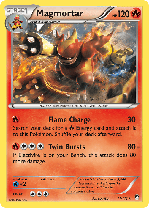 The image is a Pokémon card featuring Magmortar (11/111) [XY: Furious Fists] from the Pokémon brand. This Fire-type Pokémon, of rare rarity, is depicted as a muscular, fiery creature with a cannon arm launching a fireball. The card details include its name, hit points (120), type (Fire), and its attacks: Flame Charge and Twin Bursts. Magmortar evolves from Magmar.