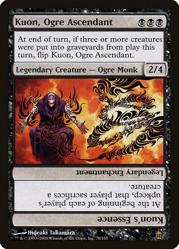 The Magic: The Gathering card, "Kuon, Ogre Ascendant // Kuon's Essence [Saviors of Kamigawa]," features an ogre monk with black hair in purple robes, set against a fiery backdrop. This rare black-bordered card flips to "Kuon's Essence" on the reverse side and is illustrated by Hideaki Takamura.