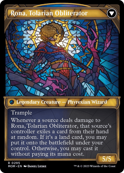 A Magic: The Gathering card titled "Rona, Herald of Invasion // Rona, Tolarian Obliterator (Showcase Planar Booster Fun) [March of the Machine]." It showcases a Legendary Creature - Phyrexian Wizard standing before a vibrant stained-glass window. With a power/toughness of 5/5, this card boasts trample and triggers a special effect when it takes damage.