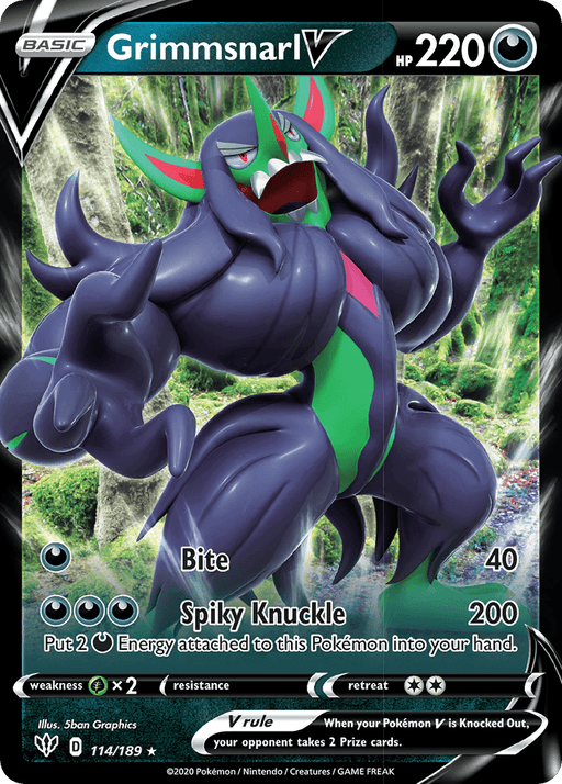 A Pokémon Grimmsnarl V (114/189) [Sword & Shield: Darkness Ablaze] with 220 HP. This Ultra Rare card from the Darkness Ablaze set shows Grimmsnarl as a dark, muscular creature with long green hair and pink highlights. Its moves include Bite (40 damage) and Spiky Knuckle (200 damage). The card number is 114/189. It has a weakness to grass type and no resistance.