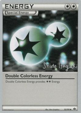 A Pokémon Trading Card depicting "Double Colorless Energy (92/99) (Terraki-Mewtwo - Shuto Itagaki) [World Championships 2012]." This Special Energy card features a shiny silver background with two large spheres, each containing a black star shape with white highlights. The top of the card reads "ENERGY" in bold. The lower part provides the card's description and details.
