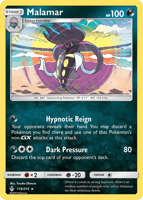 A Pokémon trading card from the Sun & Moon: Unbroken Bonds series featuring Malamar (119/214). Malamar is depicted with tentacles and glowing eyes, emerging from a darkness-shrouded forest. The card details include 100 HP, the move "Hypnotic Reign," which causes the opponent to reveal their hand, and "Dark Pressure," which does 80 damage.