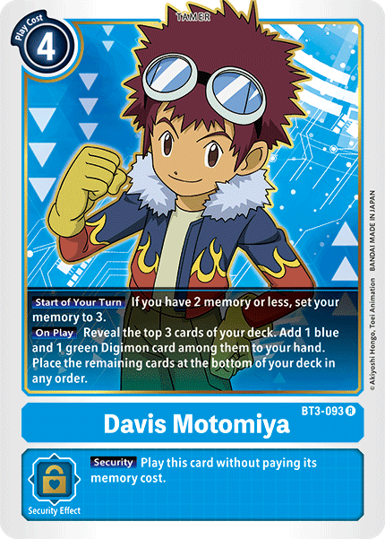 A Digimon card featuring Davis Motomiya, a character with spiky red hair, yellow goggles, a blue jacket with yellow cuffs, and yellow gloves. The Davis Motomiya [BT3-093] [Release Special Booster Ver.1.5] card layout includes cost, effects, and security text in specified sections, with "Davis Motomiya" labeled at the bottom.