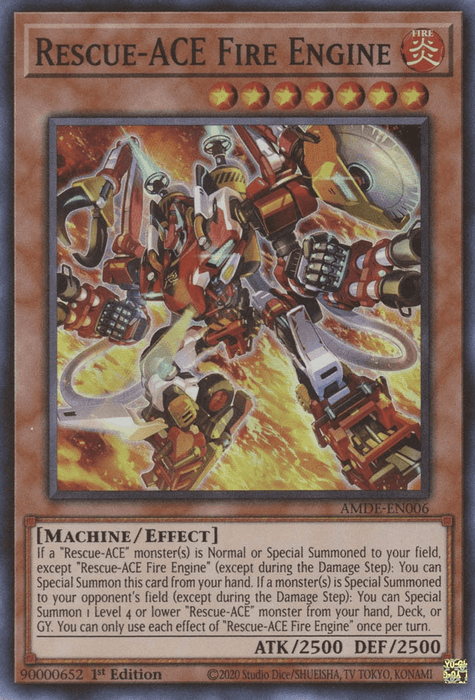 A "Yu-Gi-Oh!" trading card titled ***Rescue-ACE Fire Engine [AMDE-EN006] Super Rare,*** with fire and machinery illustrations. This Effect Monster boasts 2500 ATK/DEF, is a Machine-type, and can be Special Summoned under certain conditions. It has unique gameplay attributes detailed on the card. It is a 1st Edition with the serial number 9000652.