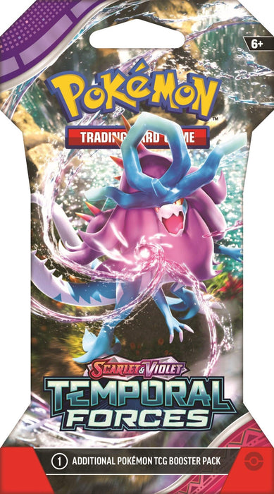 A Pokémon Scarlet & Violet: Temporal Forces - Sleeved Booster Pack from the "Scarlet & Violet: Temporal Forces" series. The packaging showcases a vibrant image of a fierce, blue and purple Pokémon surrounded by swirling energy. The Pokémon logo is at the top, and the text highlights one additional card inside, with a chance for ACE SPEC cards.