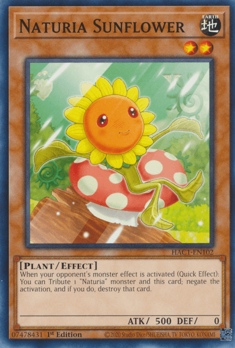 A Yu-Gi-Oh! trading card from Hidden Arsenal: Chapter 1 featuring "Naturia Sunflower [HAC1-EN102] Common." The card depicts a sunflower with a smiling face, growing on top of a red and white spotted mushroom, set against a grassy background. It is an Earth-attribute Plant/Effect Monster with 500 ATK and 0 DEF. The text details its abilities.