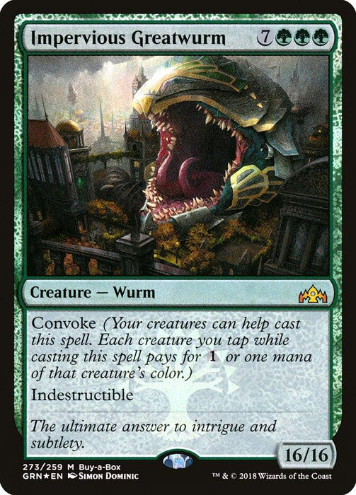 A Magic: The Gathering card titled "Impervious Greatwurm (Buy-A-Box) [Guilds of Ravnica]" from the Guilds of Ravnica set. This mythic creature — Wurm features artwork of a massive, green-scaled worm with sharp teeth emerging from the ground amidst a lush forest. Card text: "Convoke, Indestructible. The ultimate answer to intrigue and subtlety." Stats: 16/16.