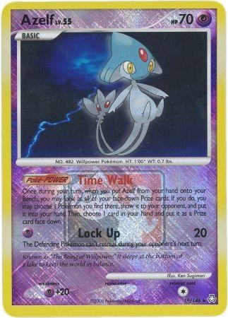 Azelf (19/146) (League Promo) [Diamond & Pearl: Legends Awakened] from the Pokémon series. The card is holographic with a yellow border. The illustration in the center shows Azelf, a blue, fairy-like Psychic creature with a long tail and two red gems on its forehead. It has 70 HP and moves Time Walk and Lock Up, marked as card number 19/146.
