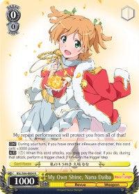 A vibrant trading card titled "My Own Shine, Nana Daiba (RSL/S56-E004 R) [Revue Starlight]" by Bushiroad, showcasing the Rare Character Card of Nana Daiba. She sports short orange hair and wears a festive white and red outfit decorated with green ribbons and ornaments. The card features text detailing her stats and abilities, accompanied by large stars and small musical notes.