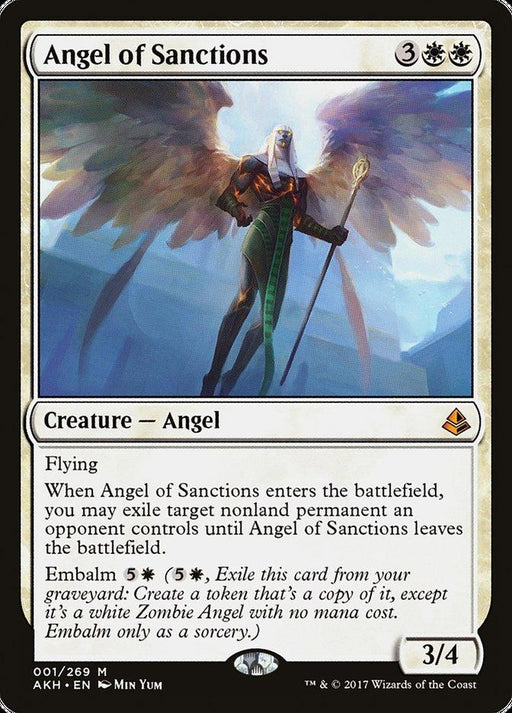 The image is a Magic: The Gathering card titled "Angel of Sanctions [Amonkhet]," a Mythic rarity from the Amonkhet set. It depicts a radiant angel with white wings holding a spear, standing in front of a beam of light. This "Creature - Angel" has abilities including flying and embalm and costs 3 generic and 2 white mana to cast.