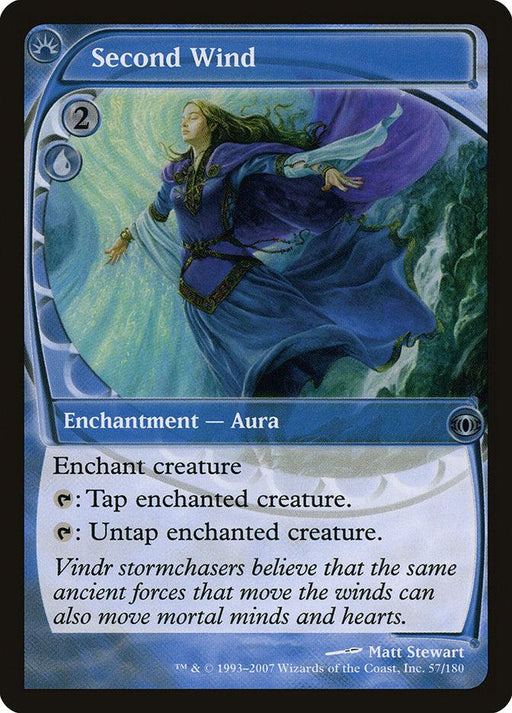 A Magic: The Gathering card titled "Second Wind [Future Sight]" from the Future Sight set. It depicts a blue-clad sorceress casting a spell with her arms outstretched against a turbulent backdrop of Vindr stormchasers and waves. Card details: 2 blue mana symbols, Enchantment — Aura, abilities to tap or untap enchanted creature, artist Matt Stewart.