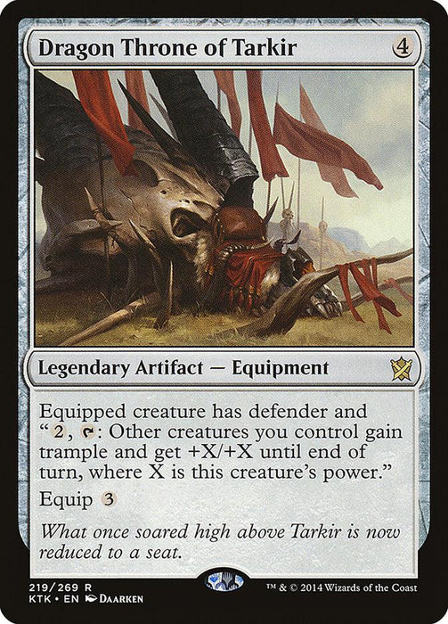 A Magic: The Gathering product titled "Dragon Throne of Tarkir [Khans of Tarkir]" from the Khans of Tarkir set. It shows an ornate throne made of dragon bones in a desolate landscape. The card has a casting cost of 4 and is a Legendary Artifact – Equipment. The text box details the card's abilities and includes flavor text below.