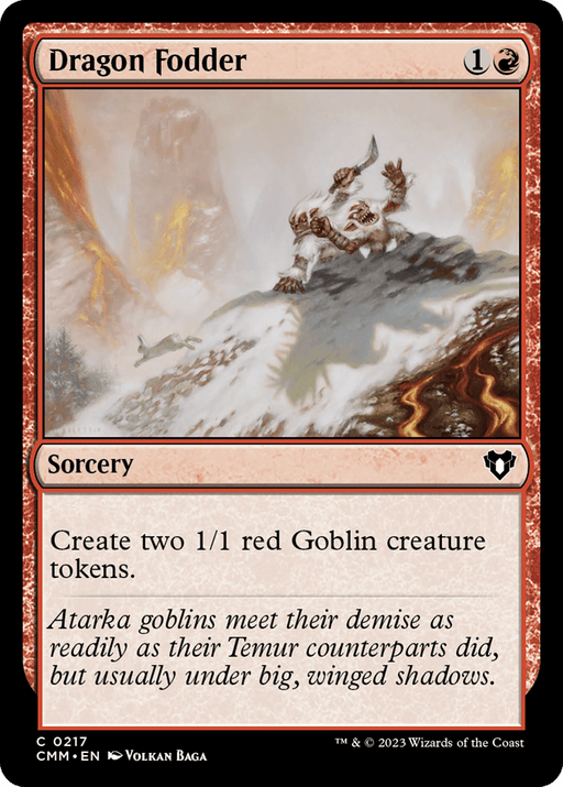 A Magic: The Gathering card titled "Dragon Fodder [Commander Masters]" shows goblins on a rocky landscape. The red frame marks it as a powerful sorcery spell. The card text reads, "Create two 1/1 red Goblin creature tokens." The flavor text hints at the Atarka goblins' demise, perfect for your Commander Masters deck.
