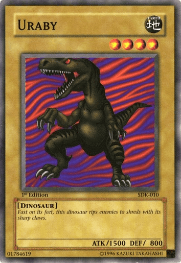 A Yu-Gi-Oh! trading card displaying "Uraby [SDK-010] Common," a fierce Dinosaur type Normal Monster. It shows a bipedal dinosaur with green scaly skin, sharp claws, and an open mouth revealing sharp teeth. The background is a wavy red and violet pattern. Found in the Kaiba Starter Deck, the card boasts 1500 ATK and 800 DEF.