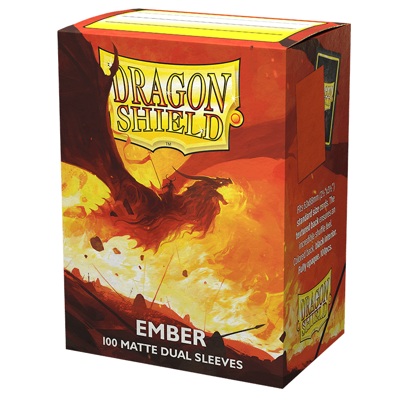 Packaging of Dragon Shield: Standard 100ct Sleeves - Ember (Dual Matte). The box features vibrant artwork with fiery red and yellow tones. The Arcane Tinmen logo is prominently displayed on the front. These durable, matte finish card sleeves are perfect for protecting trading cards in TCGs.