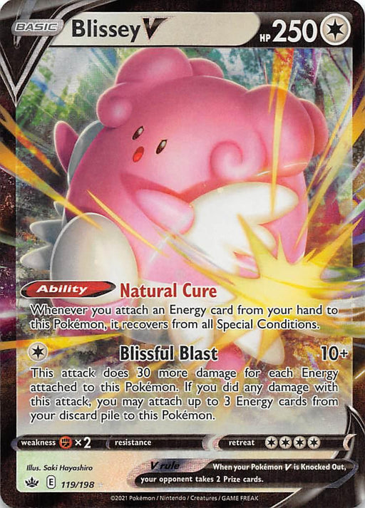 A Pokémon trading card featuring Blissey V (119/198) [Sword & Shield: Chilling Reign] from Pokémon with 250 HP. Blissey V, depicted as a pink, egg-shaped character cradling a white egg, boasts abilities like "Natural Cure" and "Blissful Blast." The Ultra Rare card has a holographic effect and is number 119 out of 198 in the set.