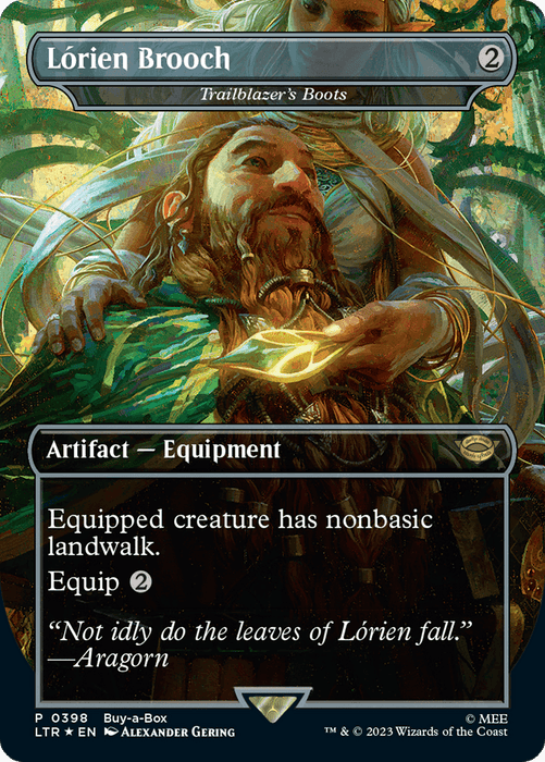 A fantasy-themed card titled "Trailblazer's Boots - Lorien Brooch (Buy-A-Box) [The Lord of the Rings: Tales of Middle-Earth]" from Magic: The Gathering. It features vibrant artwork of a bearded man looking up, with a leafy brooch and woodsy background. This artifact-equipment card grants nonbasic landwalk, has an equip cost of 2, and a quote by Aragorn.