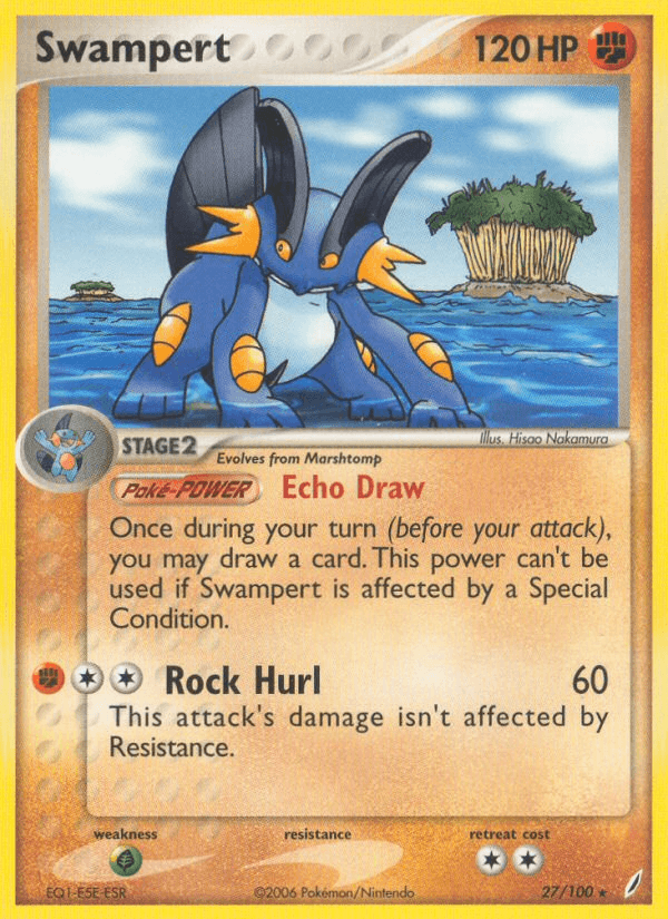 A rare card from the Pokémon brand, featuring Swampert with 120 HP from the EX: Crystal Guardians series. This Stage 2 card evolves from Marshtomp and showcases 