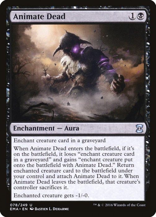 Eternal Masters reprints the iconic Magic: The Gathering card "Animate Dead [Eternal Masters]." Featuring dark art of a resurrected creature in a graveyard, this black Enchantment Aura costs 1 colorless and 1 black mana and has detailed rules text explaining its ability to enchant a creature card in a graveyard.