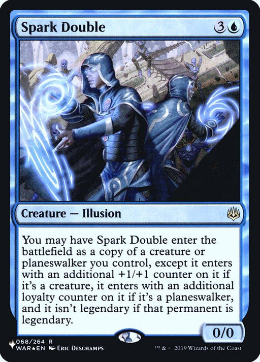A "Magic: The Gathering" trading card named "Spark Double [Secret Lair: Heads I Win, Tails You Lose]" from the Secret Lair collection. The card shows an armored figure casting a spell, with a glowing, identical duplicate forming beside them. With a blue border, it explains its ability to copy a creature or planeswalker. It costs 3 and one blue mana.