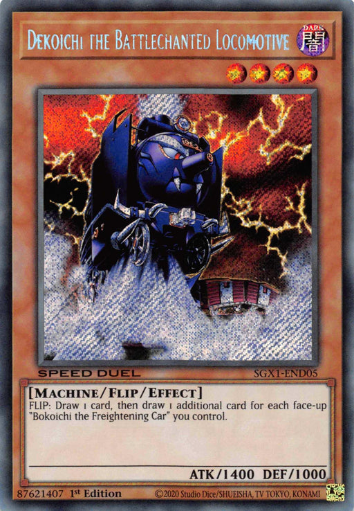A "Yu-Gi-Oh!" trading card featuring "Dekoichi the Battlechanted Locomotive [SGX1-END05] Secret Rare," a Flip/Effect Monster. The card depicts a blue, armored locomotive with mechanical arms and weapons protruding from its sides, moving rapidly against a fiery explosion background. It boasts 1400 ATK and 1000 DEF.