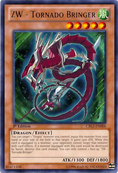 A "ZW - Tornado Bringer [CBLZ-EN006] Rare" Yu-Gi-Oh! card featuring artwork of a red and silver dragon surrounded by a glowing green aura. The Utopia Effect Monster has elongated wings and a winding tail. The card's description, stats (ATK/1300 DEF/1800), and various symbols are visible at the bottom.