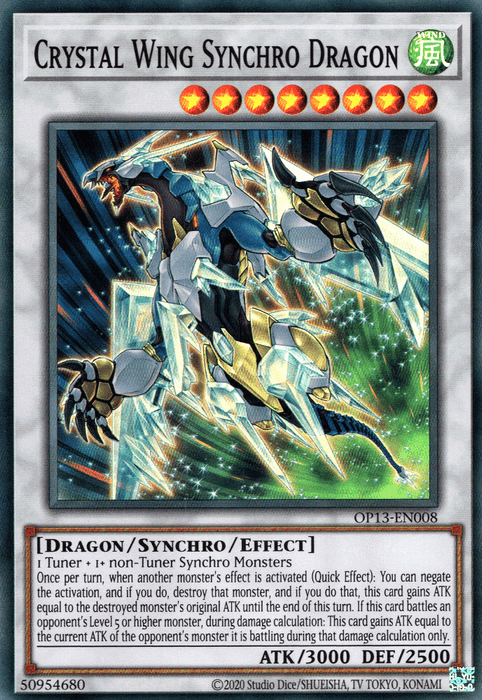 A Yu-Gi-Oh! trading card titled "Crystal Wing Synchro Dragon [OP13-EN008] Super Rare." It features a dragon with crystalline wings and a mechanical appearance, set against a background of green and blue shards. A Super Rare Synchro/Effect Monster from OTS Tournament Pack 13, it boasts ATK 3000 and DEF 2500 with an effect description in the text box.