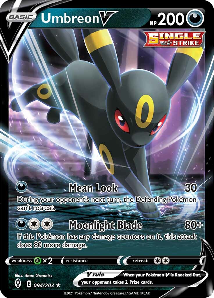 An Ultra Rare Pokémon trading card from the Sword & Shield: Evolving Skies set highlights Umbreon V in an action pose with glowing red eyes, enveloped by swirling darkness. The card has 200 HP, is labeled 