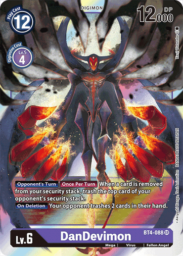 The Digimon card, DanDevimon [BT4-088] [Great Legend], features the super rare fallen angel with dark elements and glowing orange and red details. The card displays its level 6, a play cost of 12, and 12,000 DP, alongside special abilities. Its fiery, ominous background enhances its mystique.