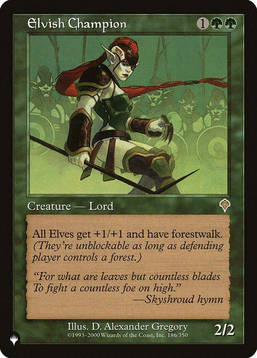 A "Magic: The Gathering" card named "Elvish Champion [The List]." The artwork shows a fierce elf warrior wielding a sword, with an army of Elf creatures in the background. The card has a green border and text describing abilities: "+1/+1 to Elves" and "forestwalk." Flavor text and illustration credits are at the bottom.