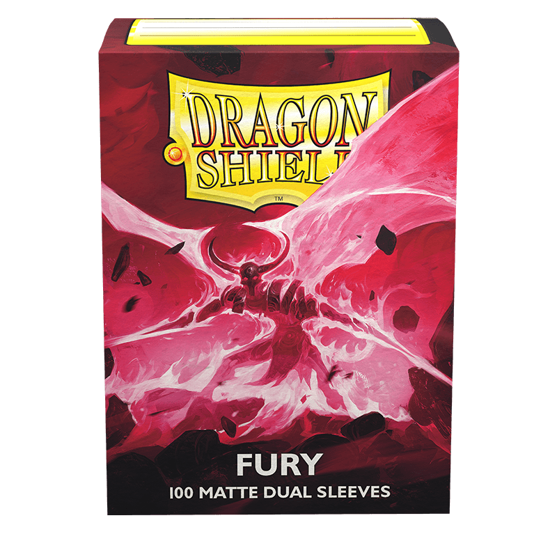 A box of Arcane Tinmen Dragon Shield: Standard 100ct Sleeves - Fury (Dual Matte) is shown. The box is labeled "FURY" and contains 100 matte dual card sleeves. The packaging features a red and pink dragon illustration with large wings and the Dragon Shield logo in yellow at the top, perfect for TCGs enthusiasts.